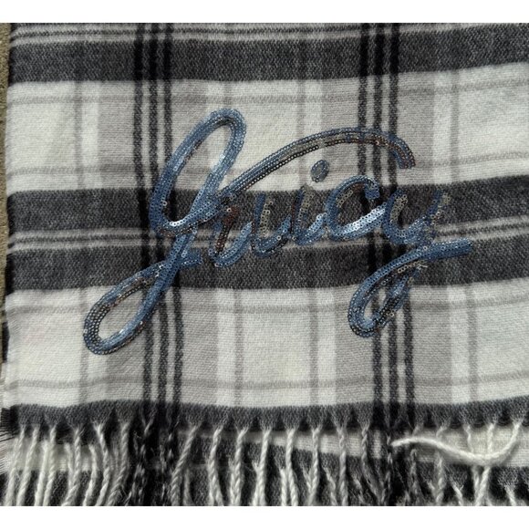 Juicy Couture Womens Plaid Scarf Black/Gray Acrylic Sequined Logo Patterned - Picture 2 of 3